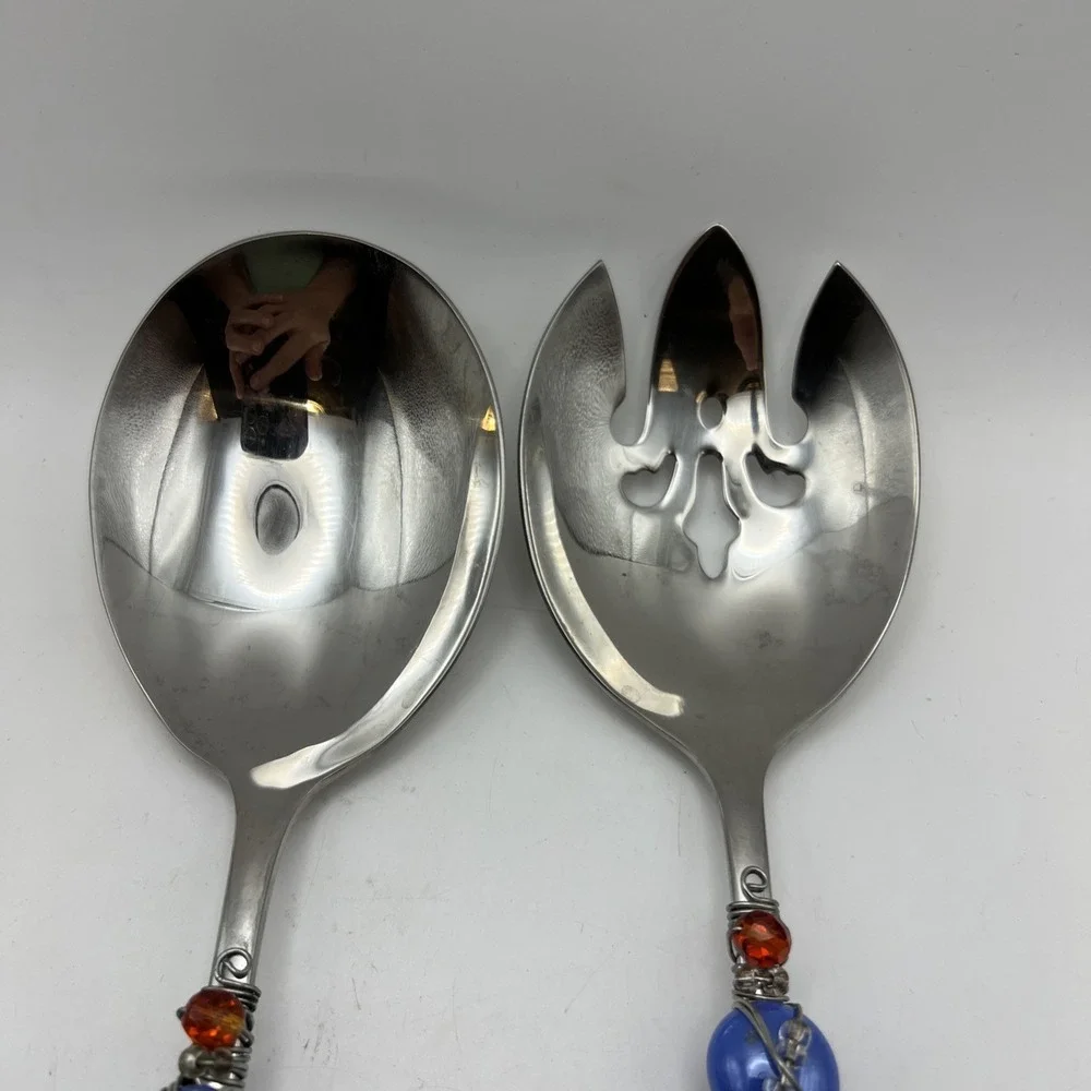 Vintage Gorham 18/10 Stainless Steel Wire Wrapped Beaded Salad Serving Set 2 pc